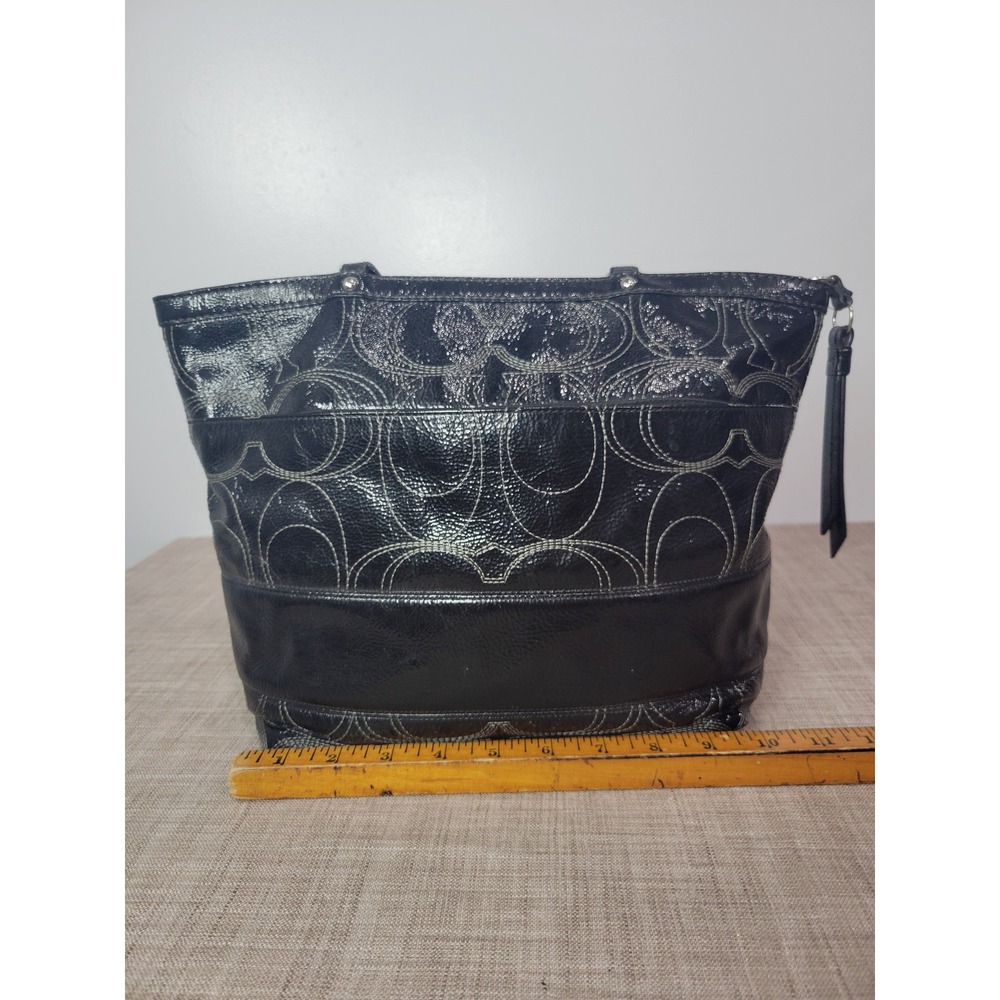 Coach Black Patent Leather Signature Sis Stitch Tote Bag F19198 Silver Hardware - Picture 5 of 9